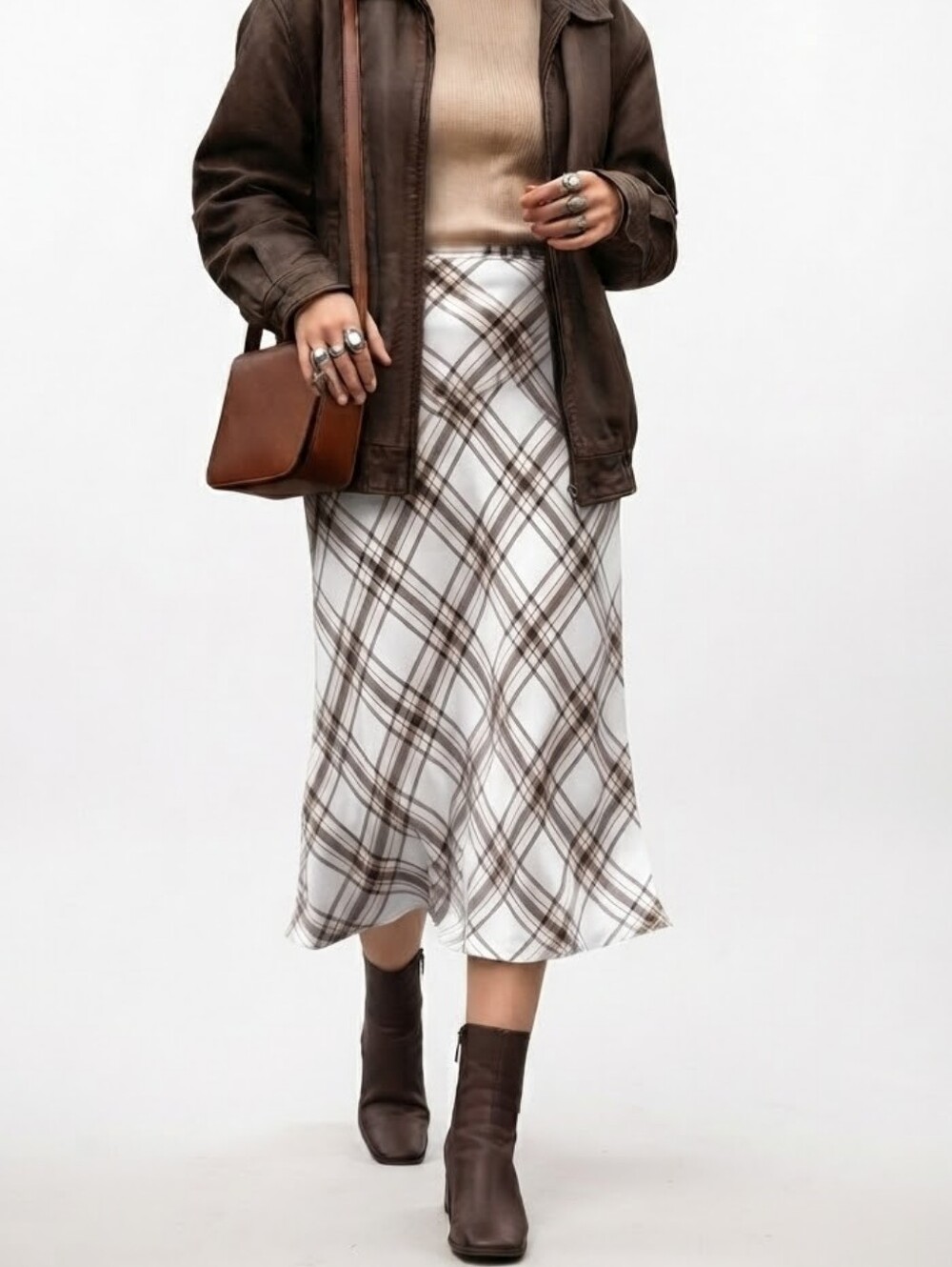 ​1990s Lady Dorby Plaid Bias Cut Midi Skirt Cream and Brown Size 10